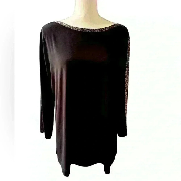 Chico's size 3 black with gold/black trim elbow length sleeves top - Picture 1 of 6